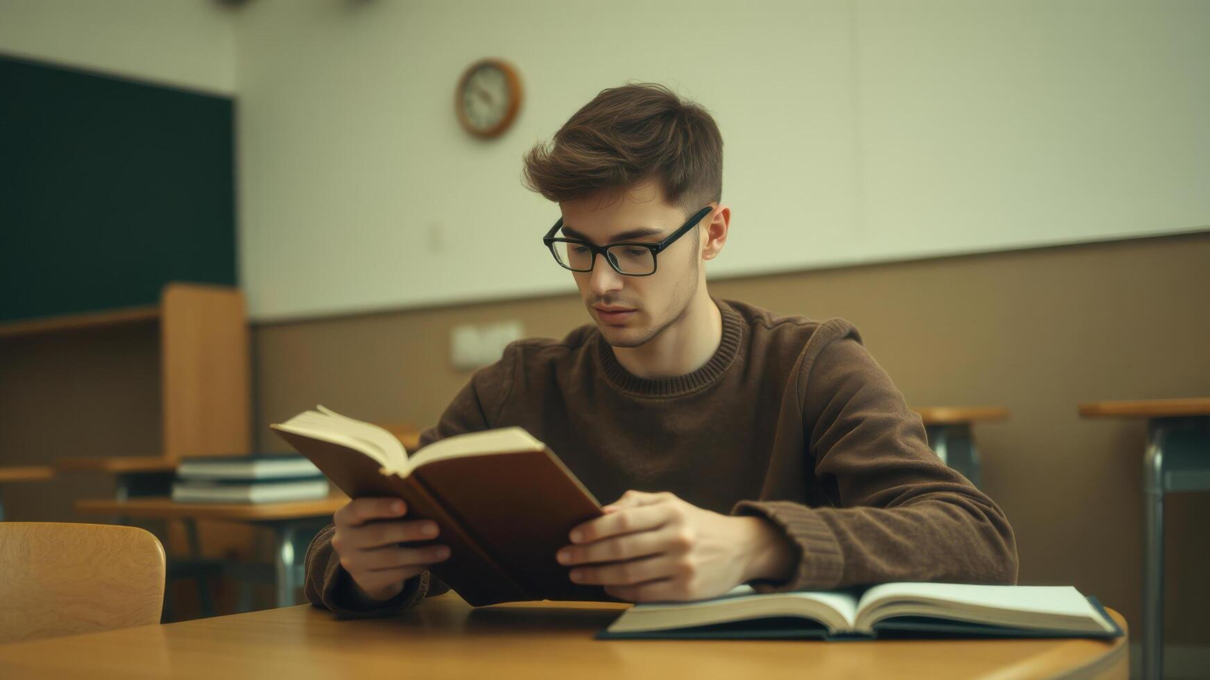 student reading book in classroom, focused and engaged in learning. atmosphere is calm and studious, with books and clock in background photo