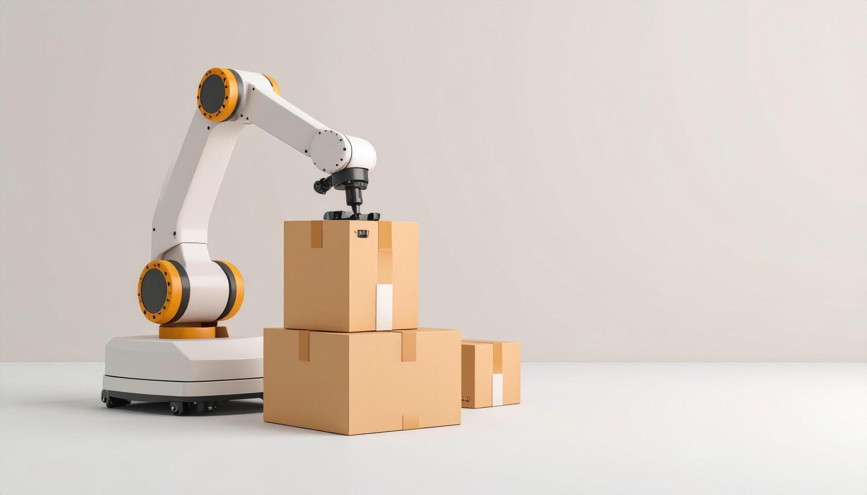 Automated robotic arm handling cardboard boxes in modern warehouse setting, showcasing efficiency and precision in logistics and packaging operations photo