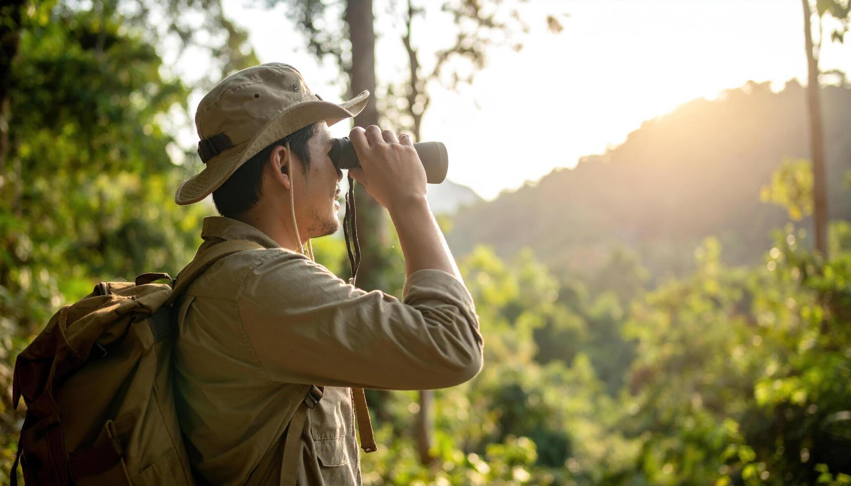Man explores dense forest, looking through binoculars with focused and adventurous expression. golden sunlight filters through trees, creating peaceful and inspiring outdoor scene photo