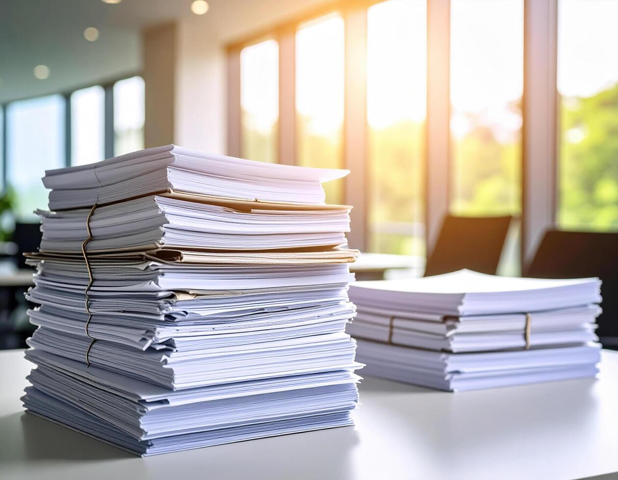 Stacks of paperwork in office setting, illuminated by natural light from large windows. organized piles suggest productivity and busy work environment, creating sense of focus and diligence photo