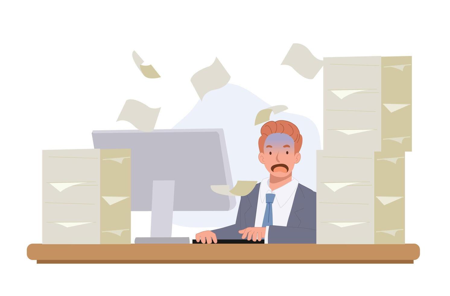 Busy businessman working on computer with pile of papers. overload work concept. Flat illustration. vector