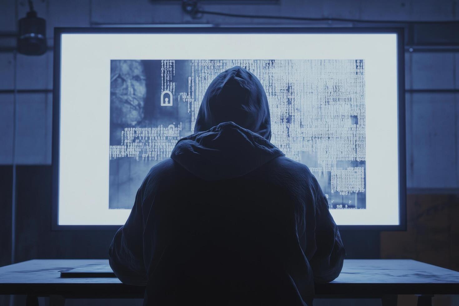 A person in a hoodie sitting at a desk with a computer screen photo