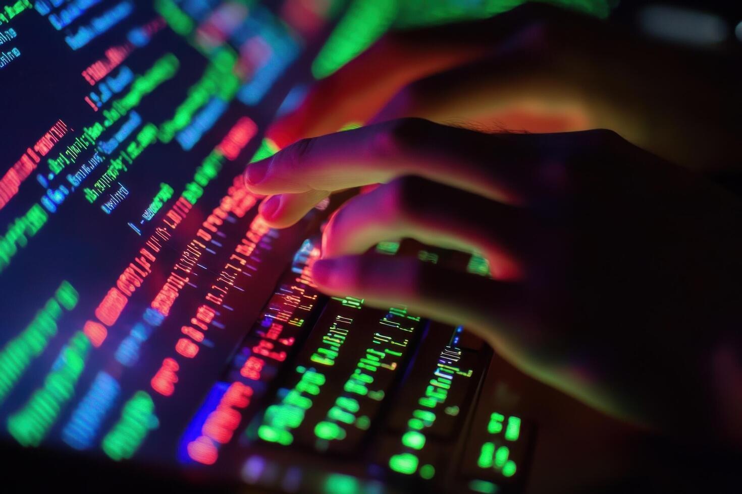 A person typing on a computer keyboard with colorful lights photo