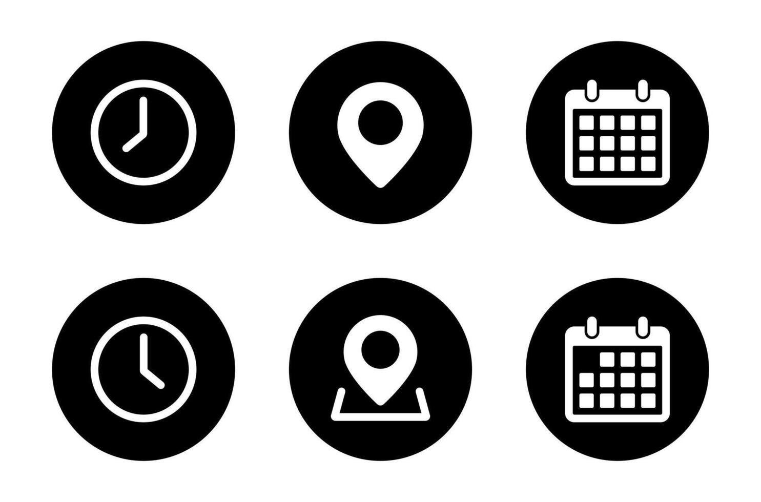 Time, location, and calendar icon. Clock, place marker, and date symbol in black circle vector
