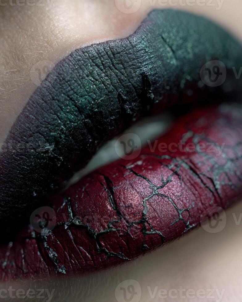 Hyper detailed gothic lips macro with ombre tones of deep emerald green, charcoal gray, ruby red, and mauve gray, mysterious shimmer and cracked glass texture effect photo