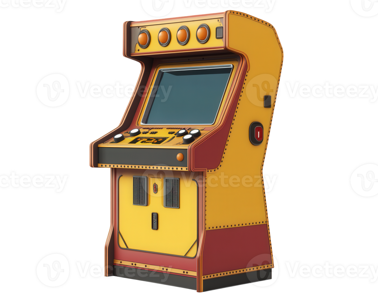 Retro arcade machine with vibrant yellow and red design, featuring buttons and screen, perfect for nostalgic gaming experiences png