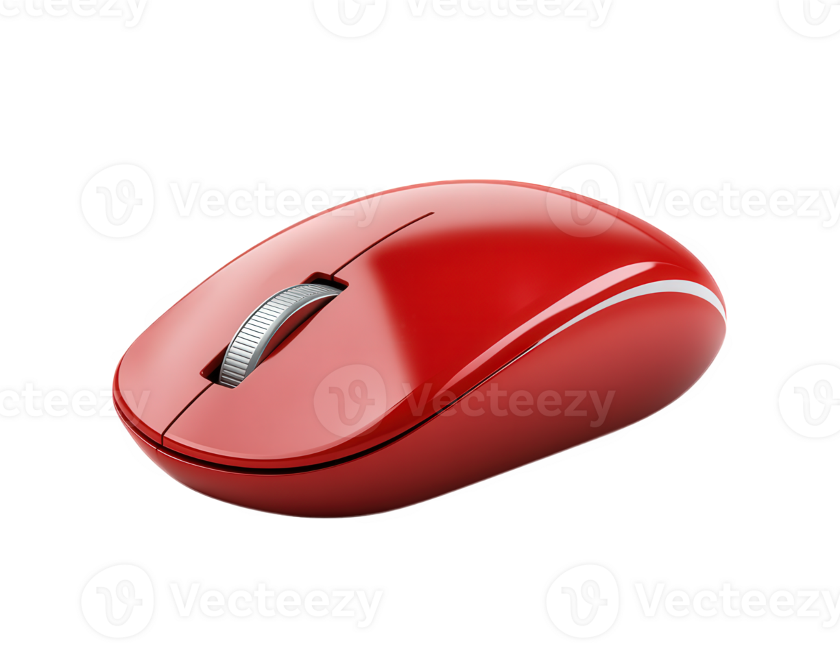 sleek red computer mouse with glossy finish and scroll wheel, perfect for modern workspaces. Its vibrant color adds touch of style to any desk setup png