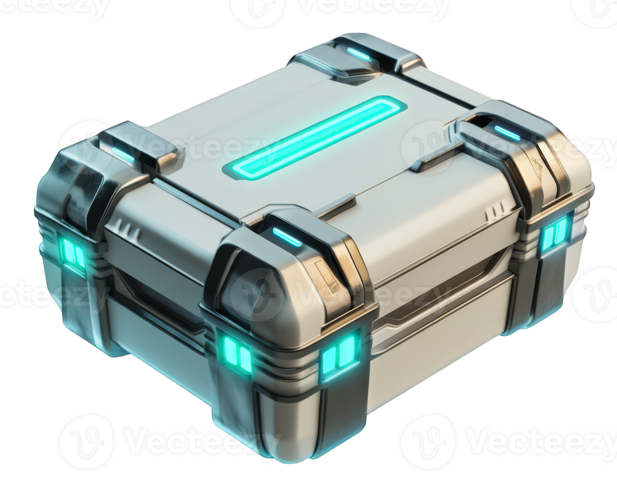 high tech metal box featuring digital locks and LED indicators, designed for secure storage. Its sleek design and glowing accents convey sense of modern technology and security png