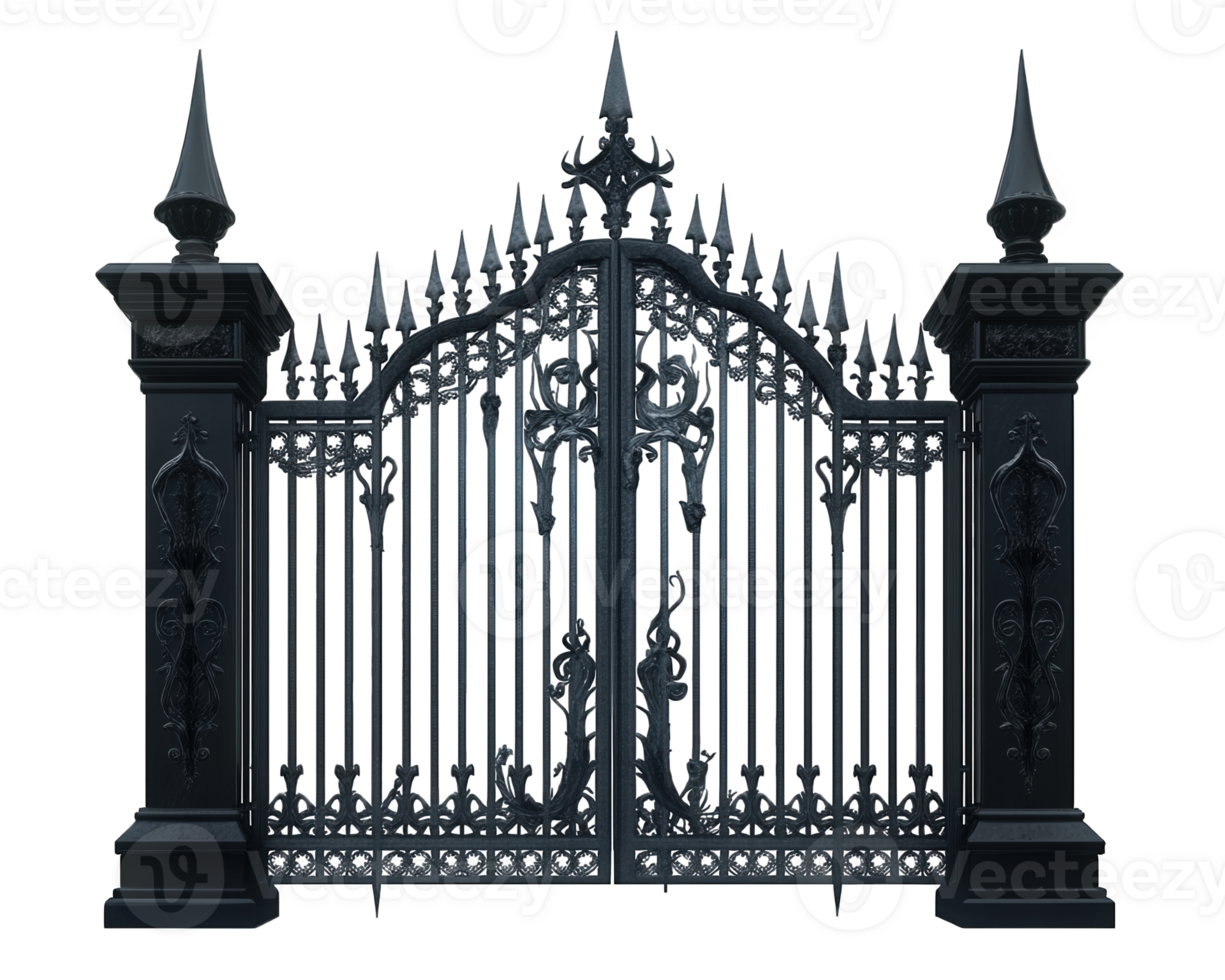 gothic style iron gate with pointed spikes and intricate designs, exuding mysterious and elegant aura. Perfect for enhancing any architectural setting png