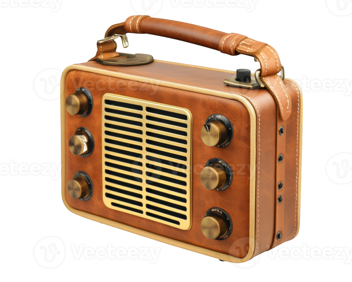 Retro style radio with leather exterior and analog tuner, featuring vintage design elements and multiple knobs for tuning and volume control. This charming piece evokes nostalgia and warmth png