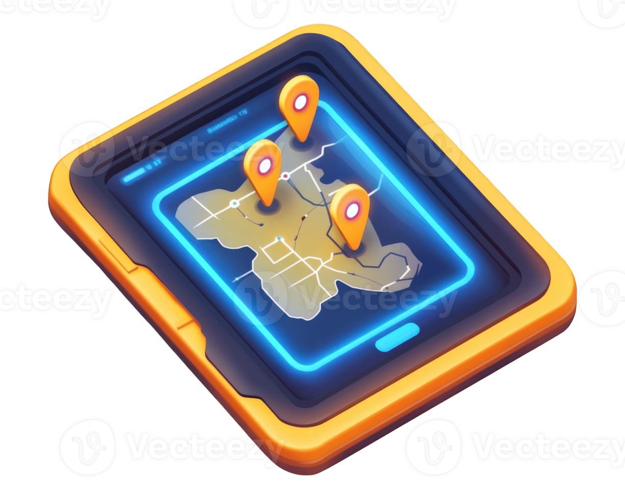Interactive digital tablet displaying map with location markers, showcasing modern technology and navigation features png