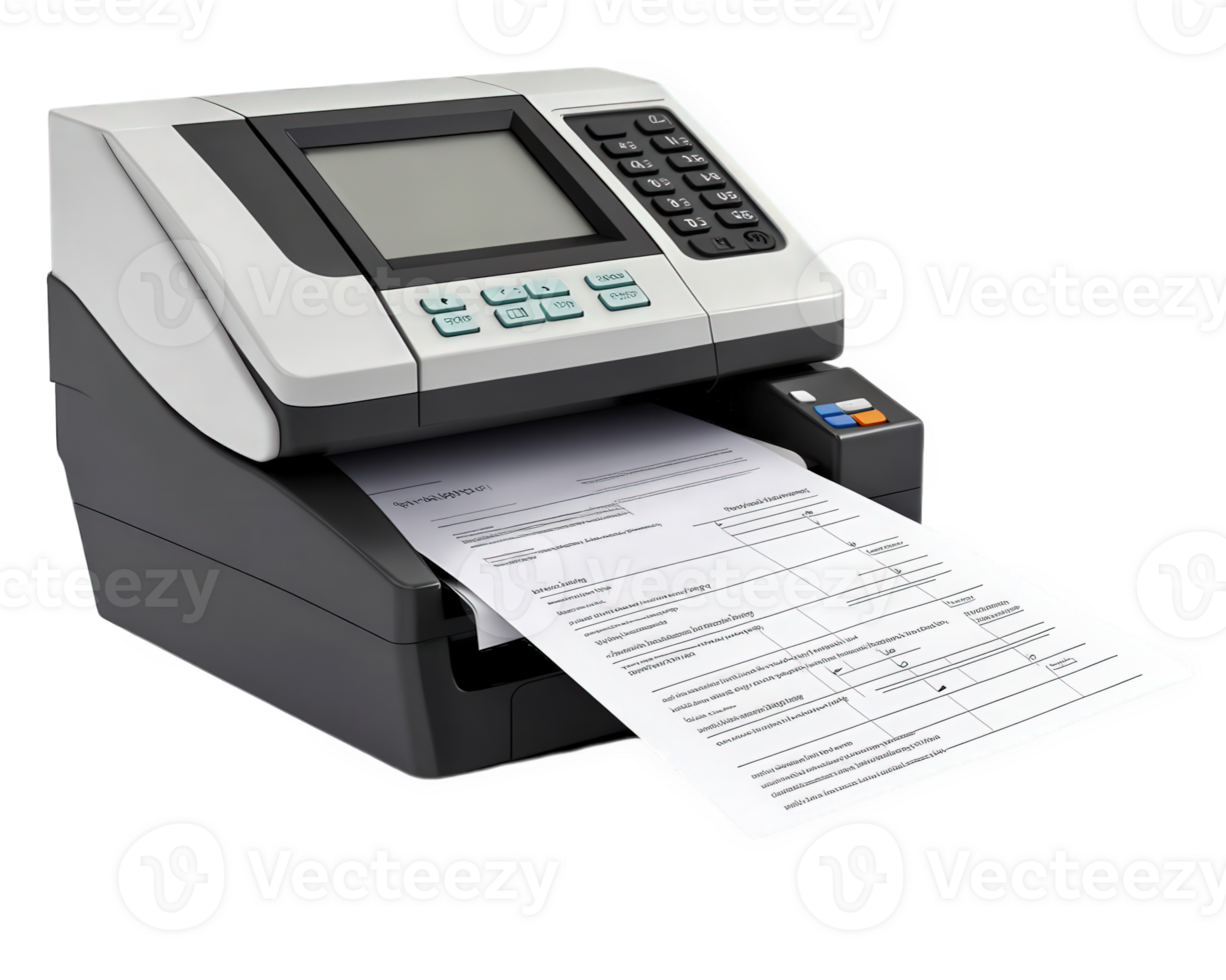 thermal receipt printer with printed invoice emerging from it, showcasing its functionality and design. This device is ideal for businesses needing efficient printing solutions png