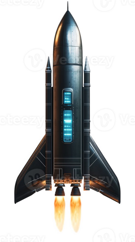 futuristic space shuttle style rocket preparing for takeoff, showcasing sleek design and powerful engines. rocket metallic surface reflects advanced technology and innovation png