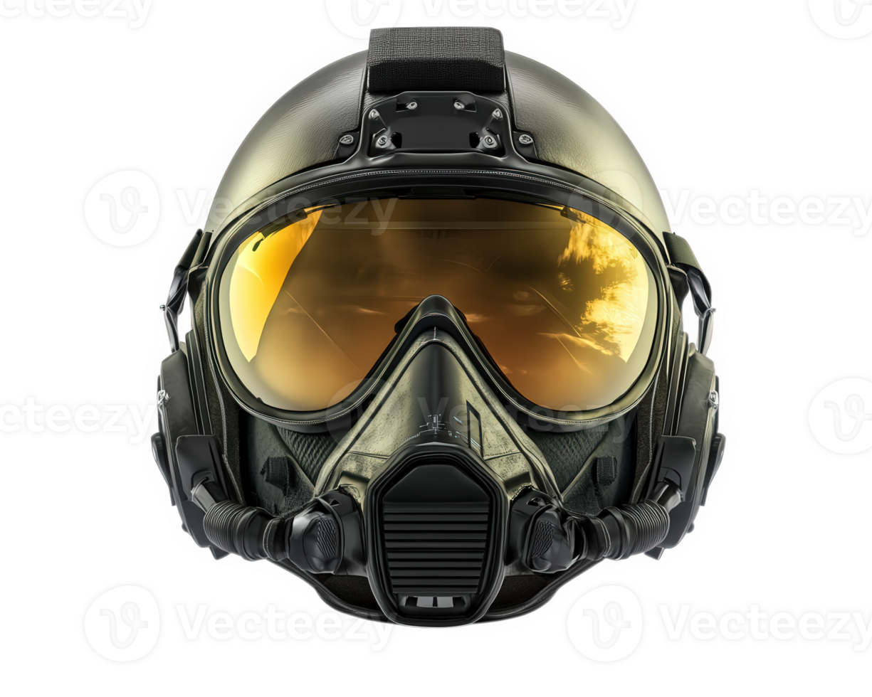 pilot flight helmet featuring sun visor and oxygen mask, designed for high altitude missions. reflective visor adds striking visual element, enhancing helmet functionality and style png