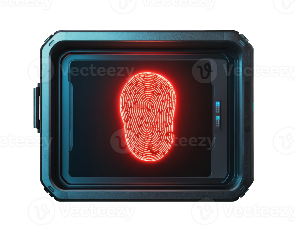 biometric fingerprint scanner displaying red fingerprint on high security device. This advanced technology ensures secure access and identity verification png