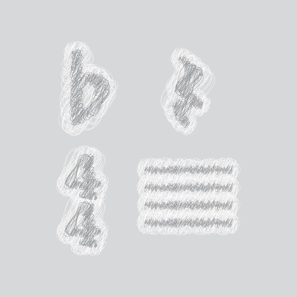 Music notation glyph set with lowercase b, flat symbol, number 4, and list bullets vector