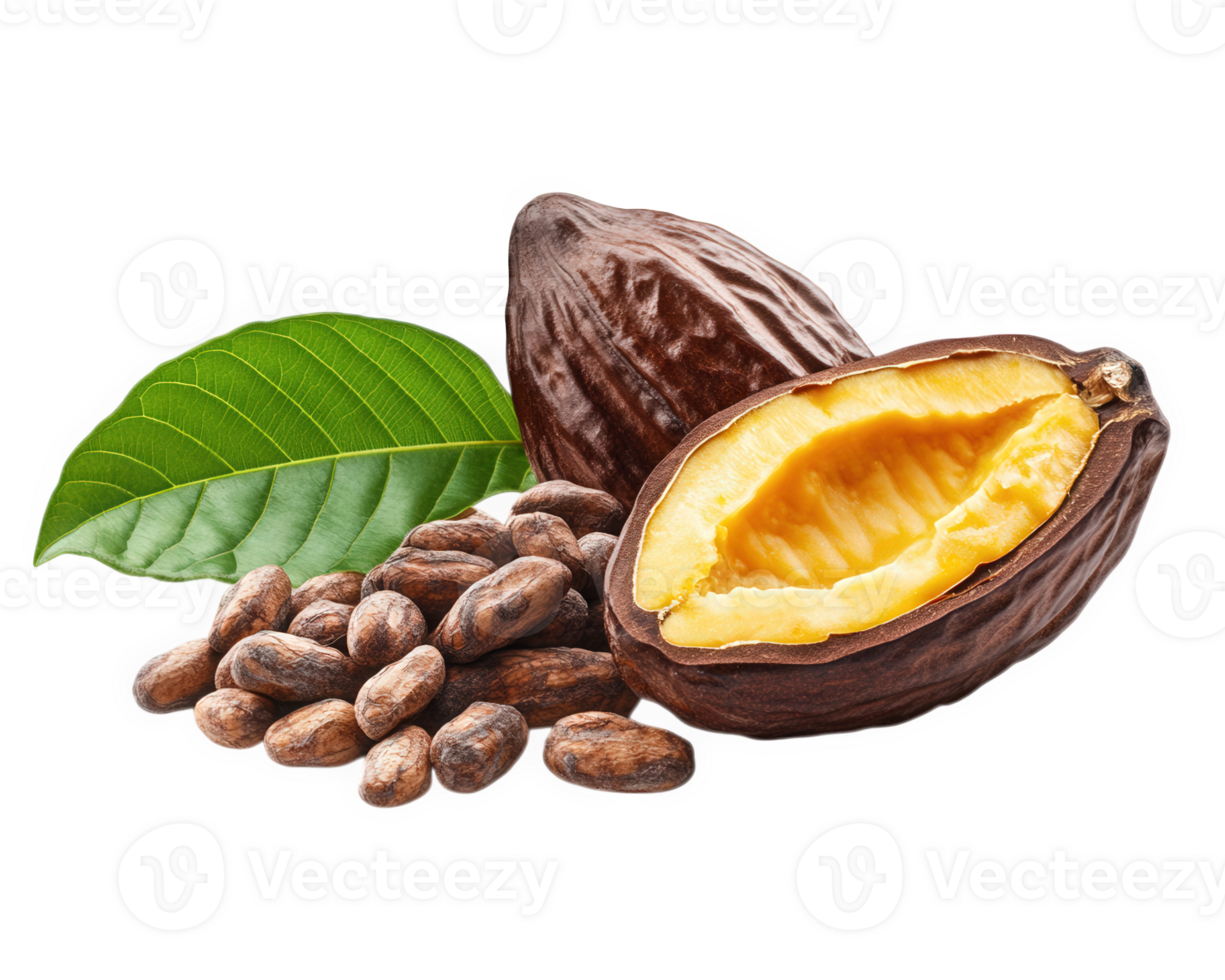 Cocoa pod with open shell, cocoa beans, and green leaves, showcasing rich texture and color of cocoa. Perfect for chocolate lovers and culinary enthusiasts png