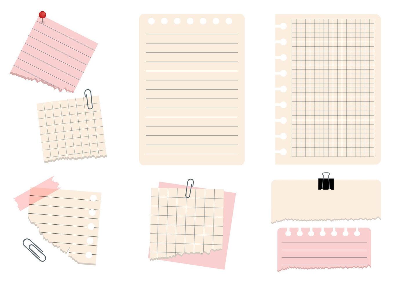 Notebook labels. Paper notes on stickers, notepads and memo messages torn paper sheets. vector