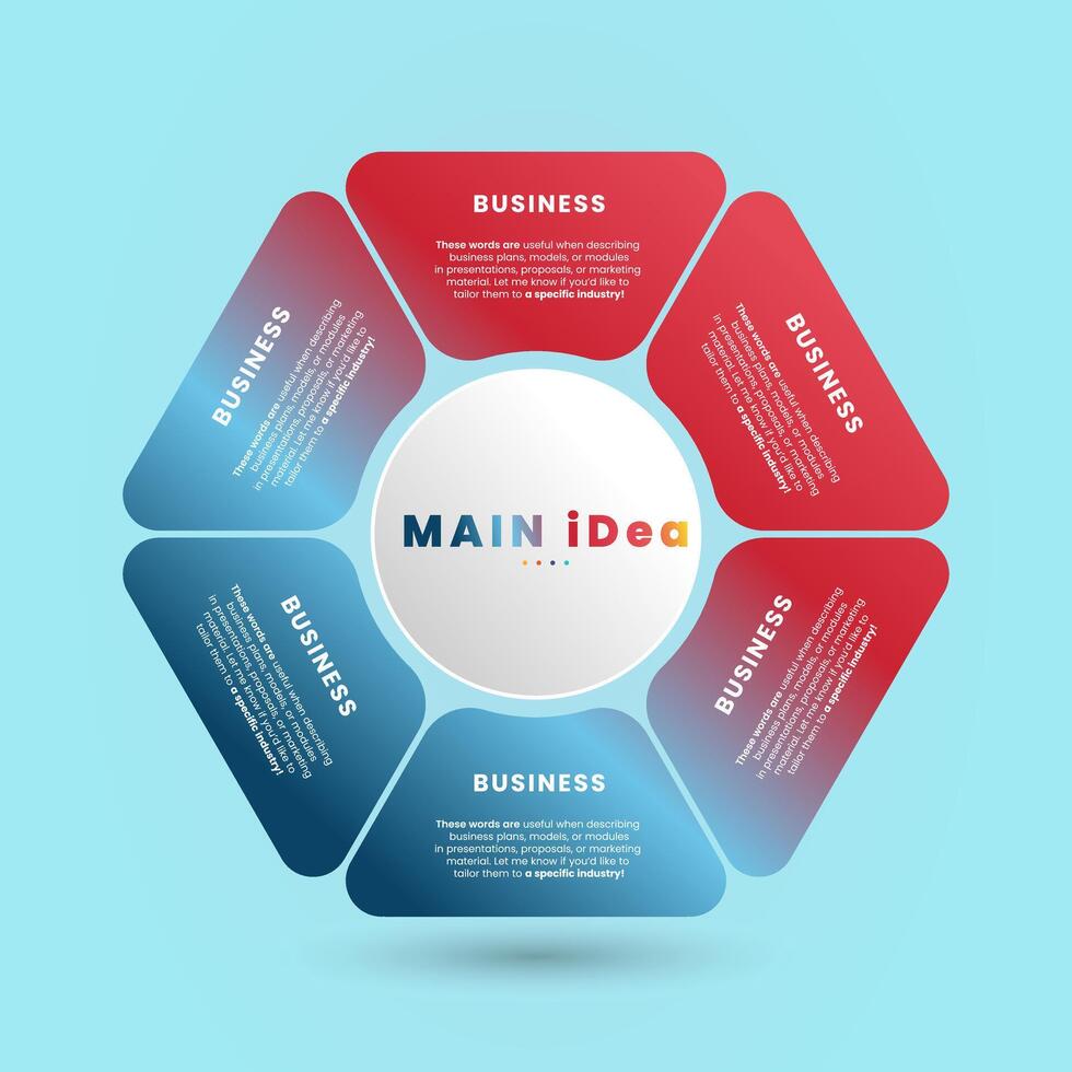 Infographic presents a segmented ring design with gradient color-coded slices surrounding used for represents a BUSINESS concept vector