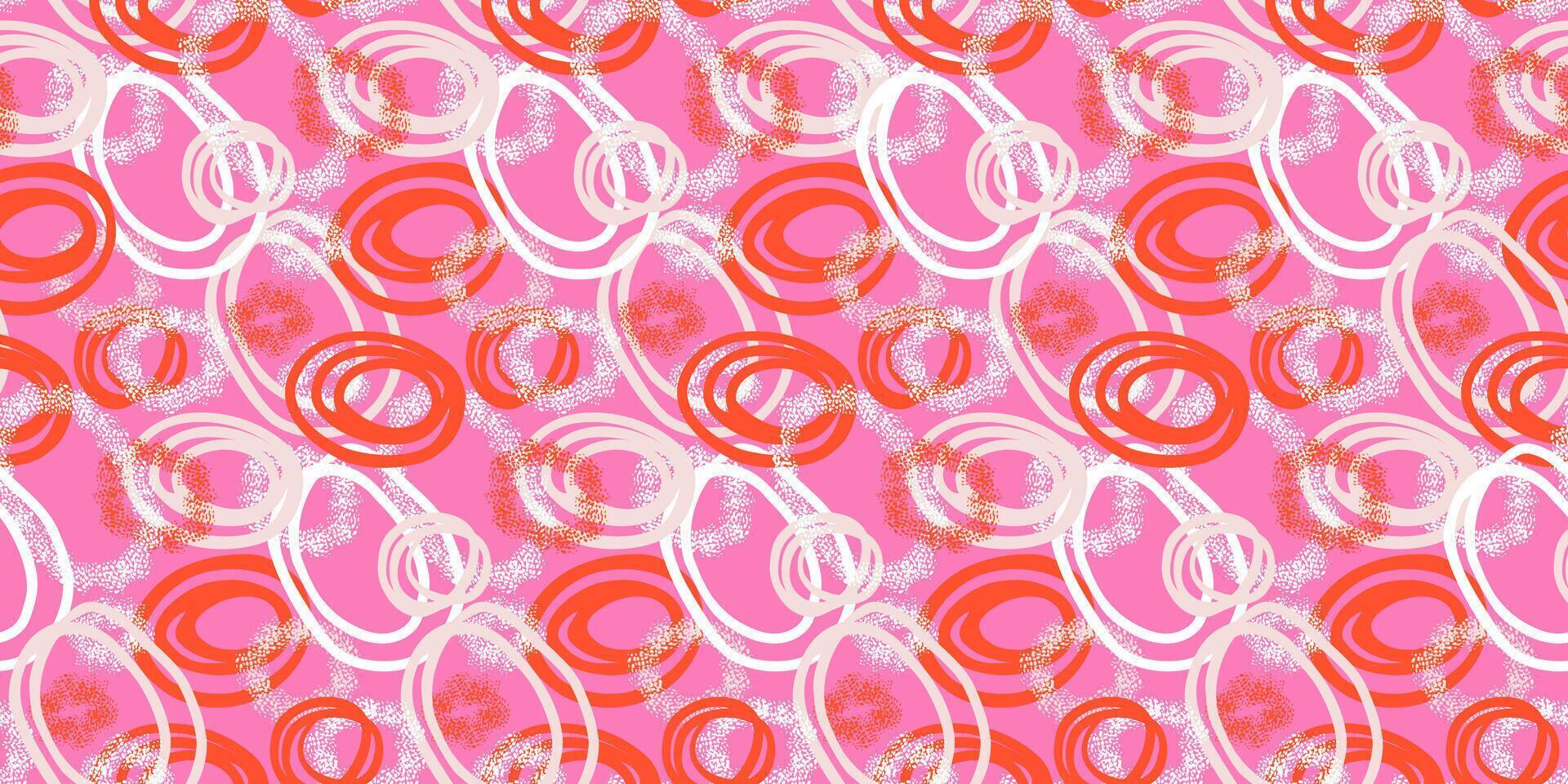 Modern abstract pattern featuring dynamic overlapping circles with dotted textures in orange and white on a bright pink background. Artistic and energetic design for textiles, wallpapers vector