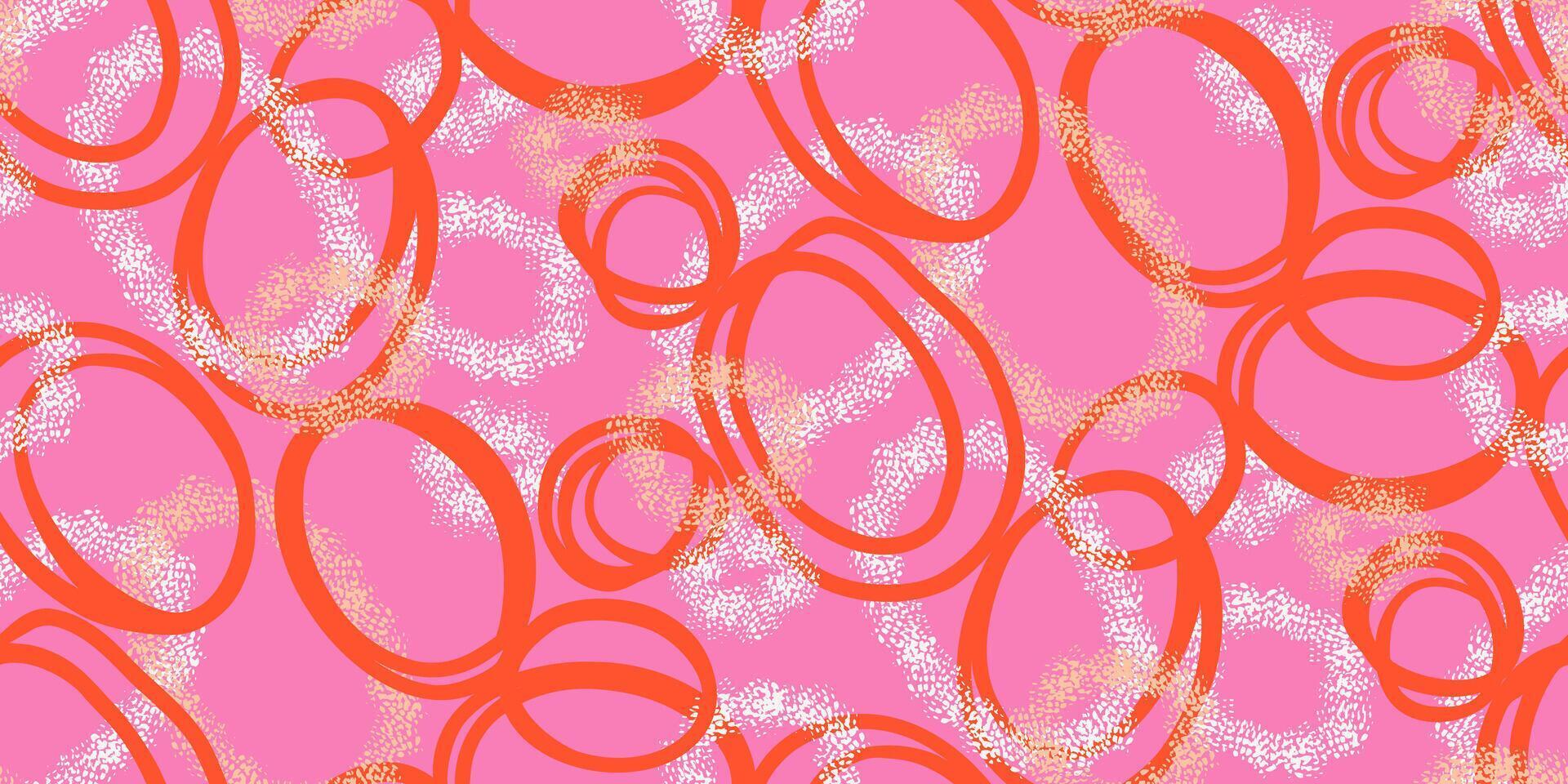 Seamless pattern with abstract orange oval shapes on a pink background, accented with textured white dots. Dynamic and modern design, suitable for fabric, wrapping paper, and digital projects. vector