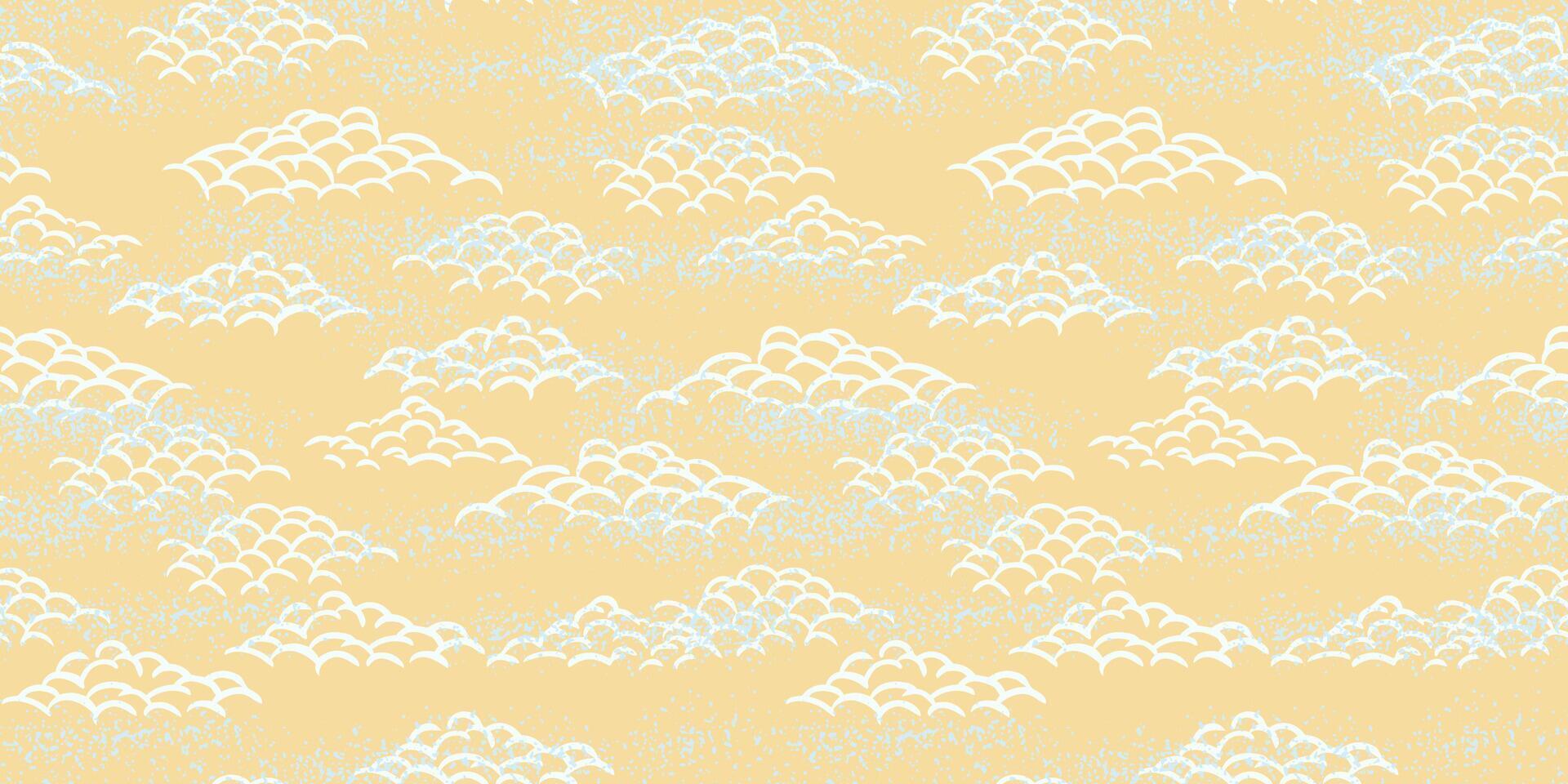 Seamless pattern with stylized hand drawn clouds in an Asian inspired design. White curved line clouds on a soft yellow background with a subtle textured effect. Ideal for textiles, wallpaper vector