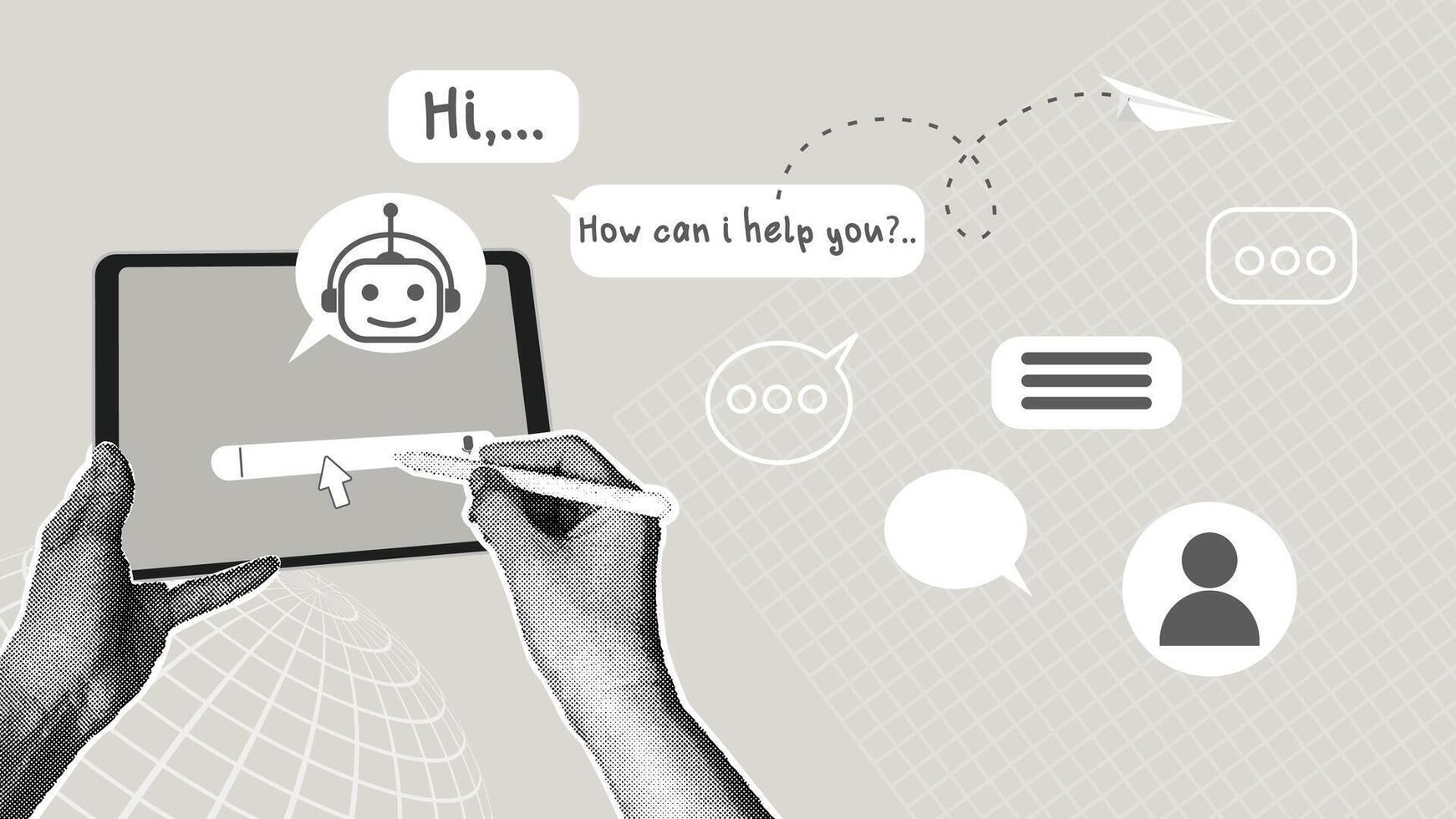 A trendy collage of halftone images. Chatbot user interface and digital communication. The concept of using a chatbot with artificial intelligence, an intelligent system in the modern world of vector