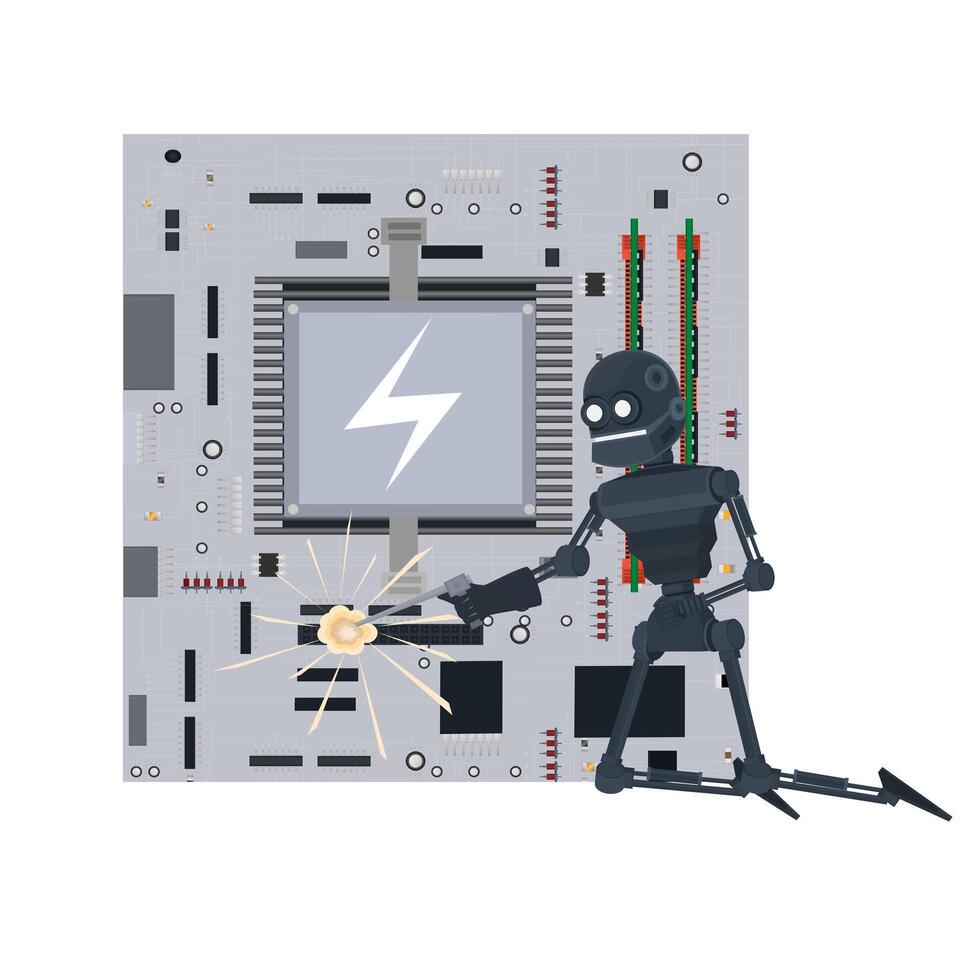 Robot repairs electronics. Robot engineer with welding machine vector