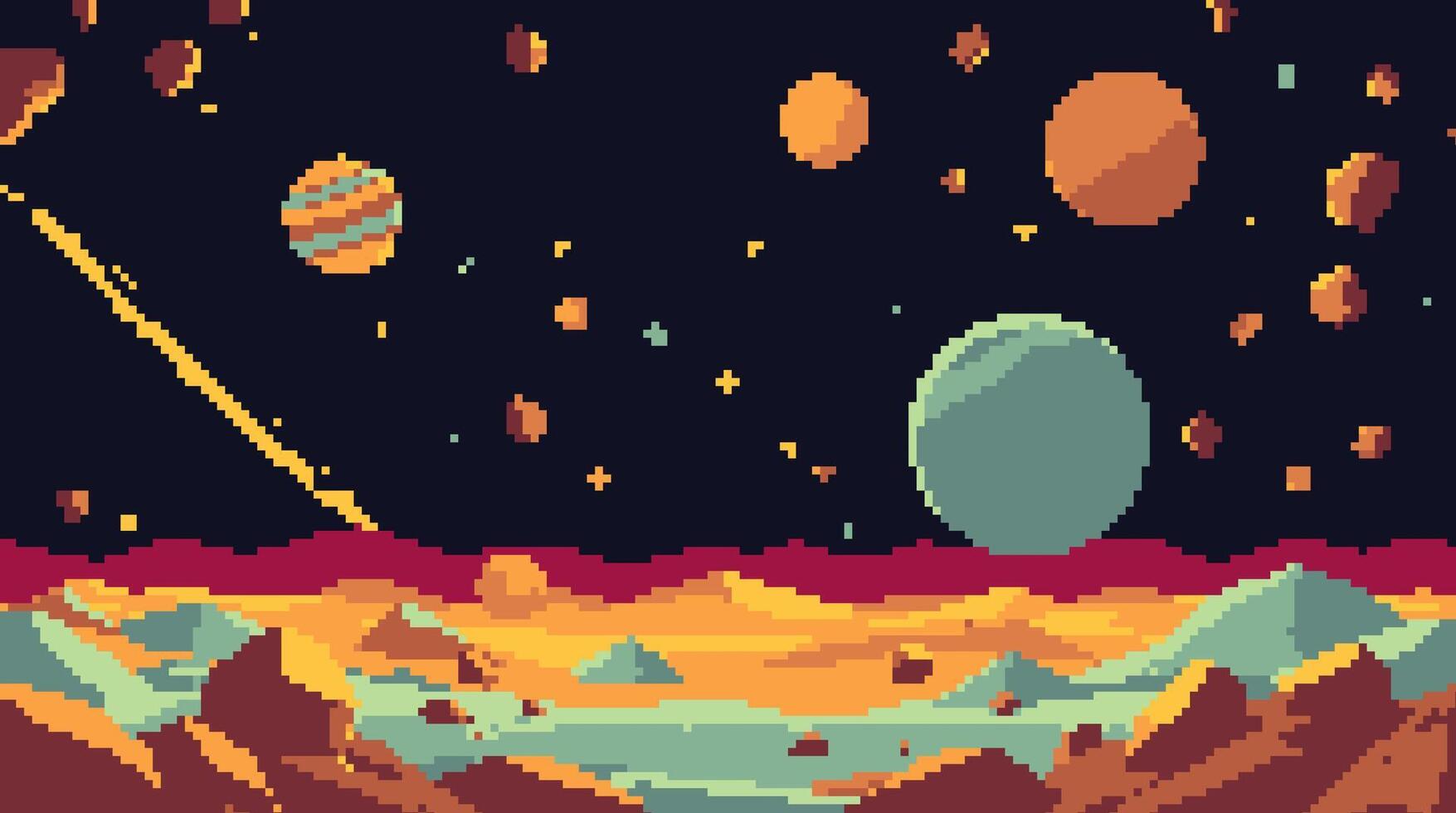 Pixelated Retro Space Scene with Planets and Asteroids vector