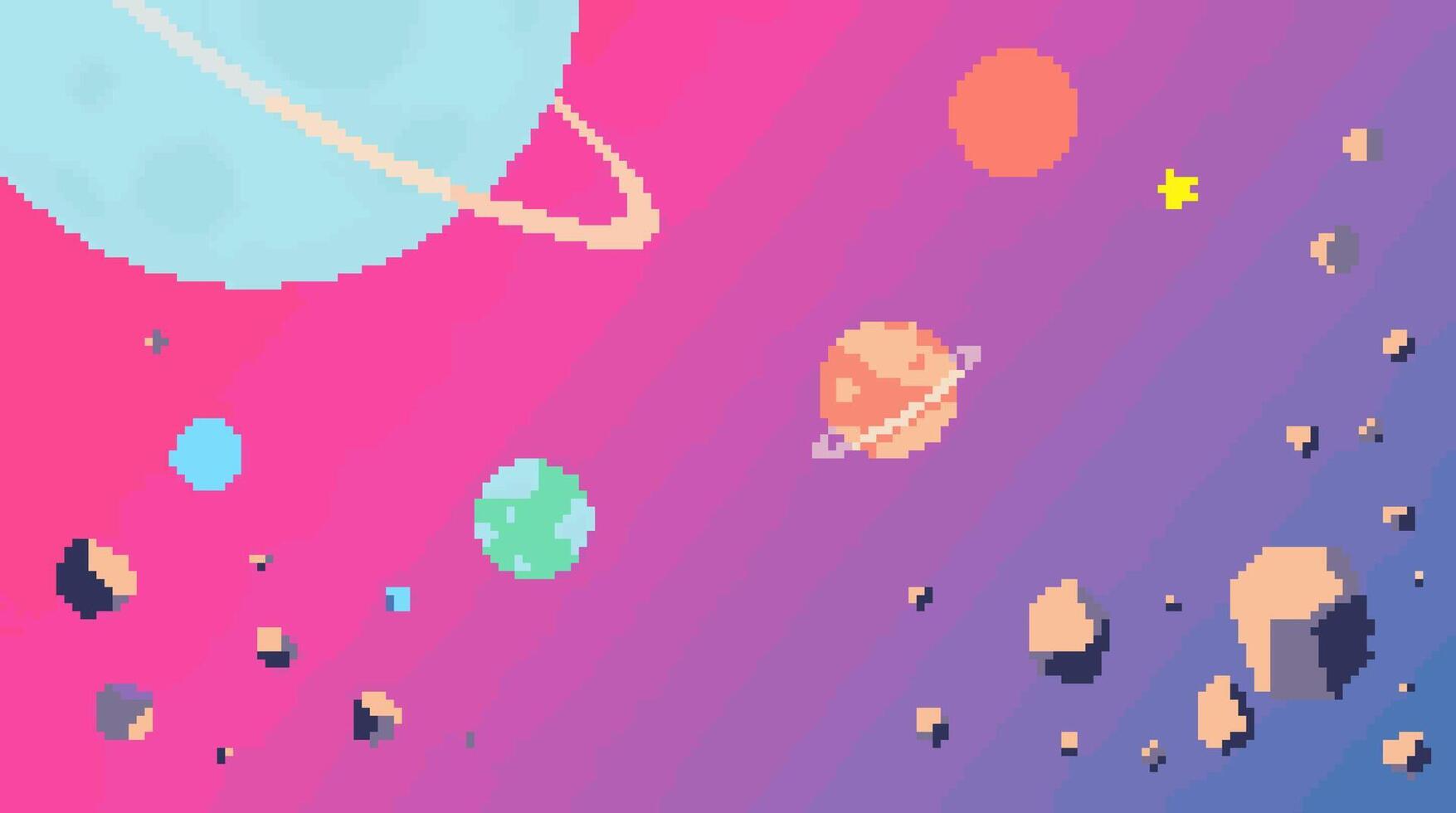 Pixelated Space Landscape with Planets and Asteroids on Gradient Background vector