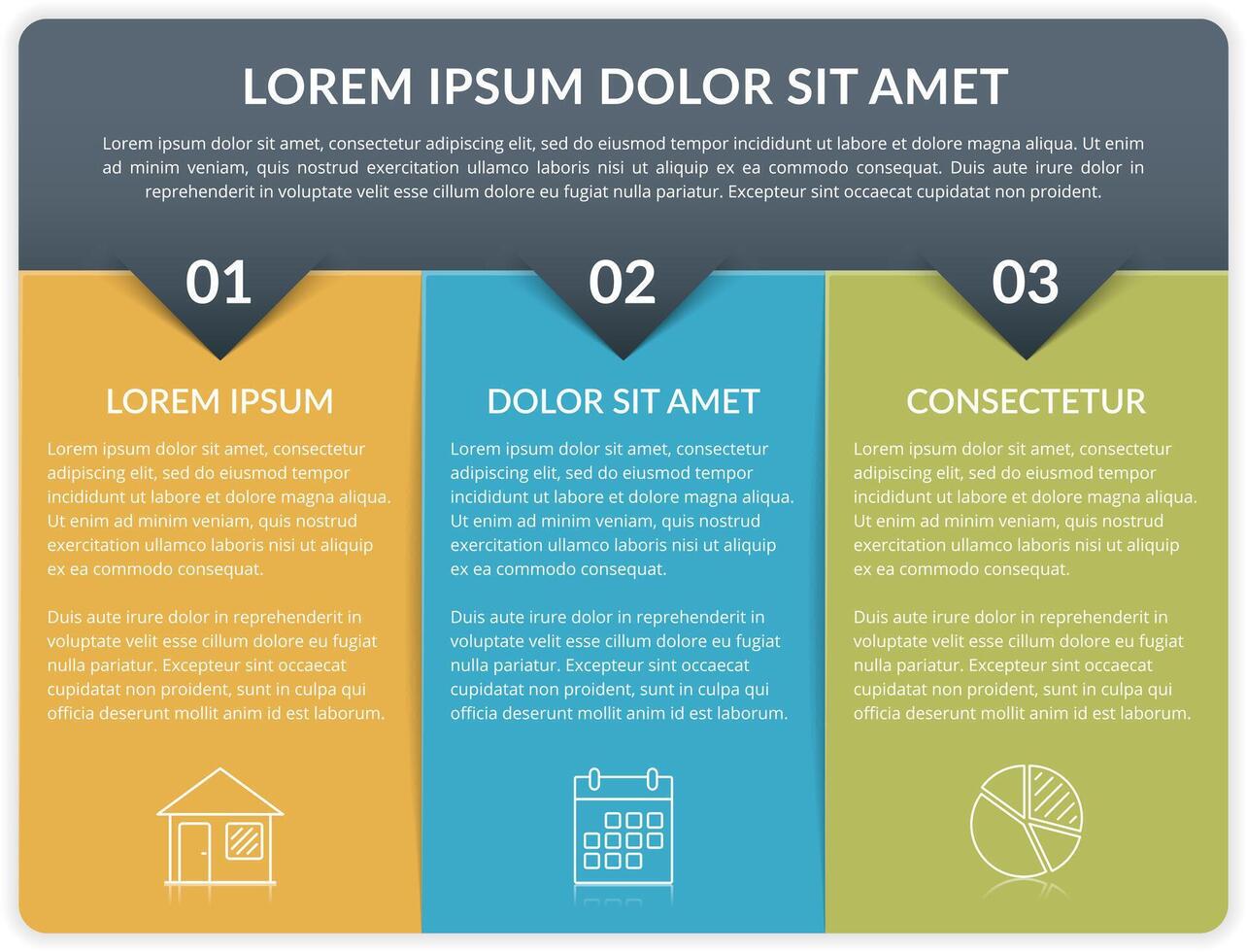 Infographic template with 3 elements for text and icons, can be used for web design, workflow layout, process chart, report, company milestones vector