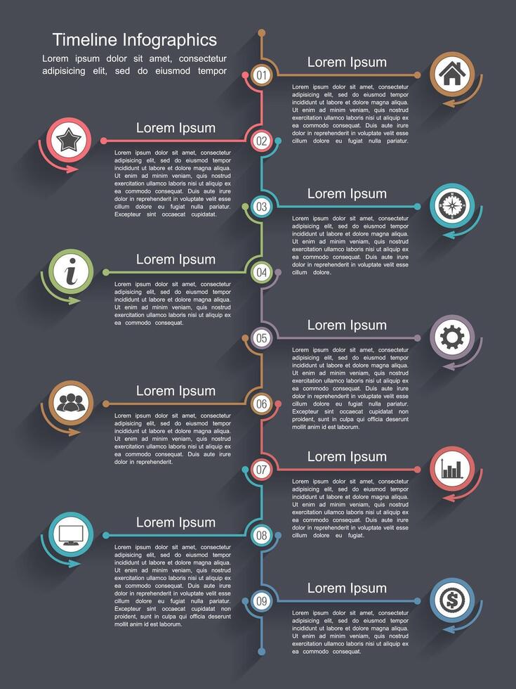 Timeline infographics design template, nine elements, place for your icons and text vector