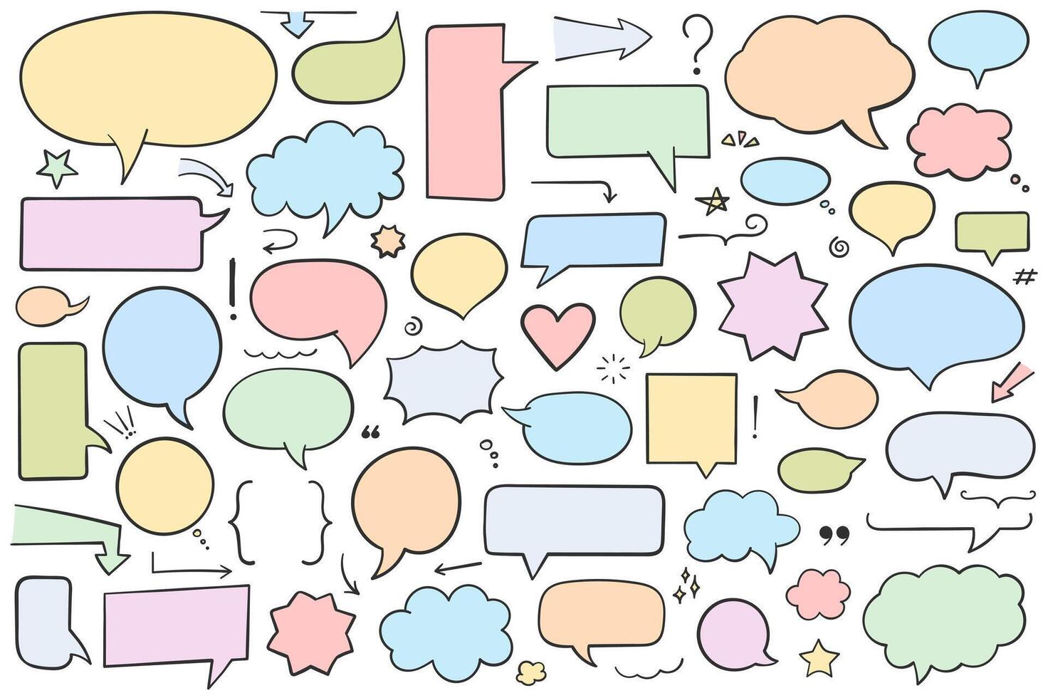 Collection of hand drawn speech bubbles, arrows and other design elements, solid shapes, soft colors for dark text vector