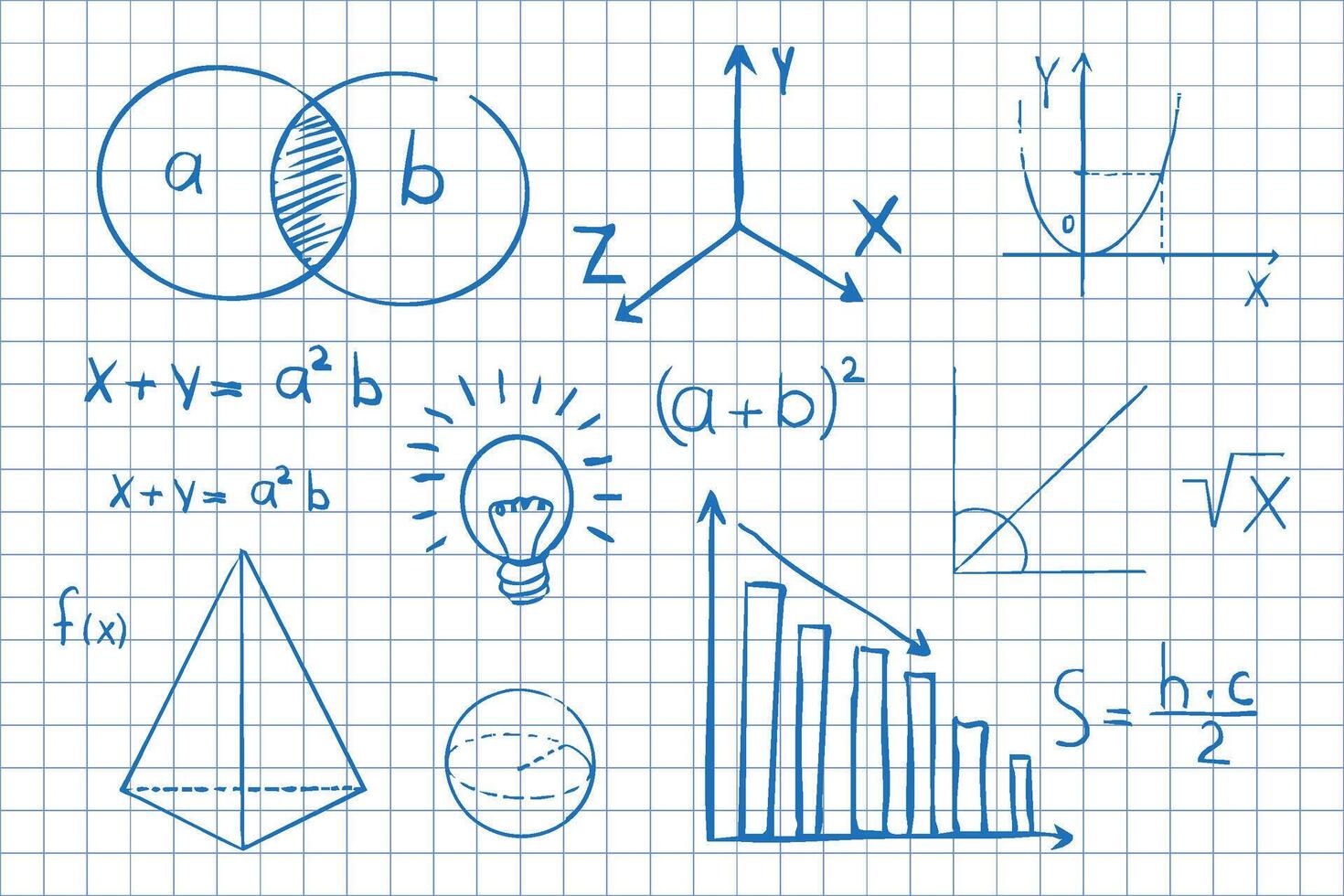 Math symbols formulas on notebook page background. Sketch symbols mathematical equations, schemes geometry shapes. vector