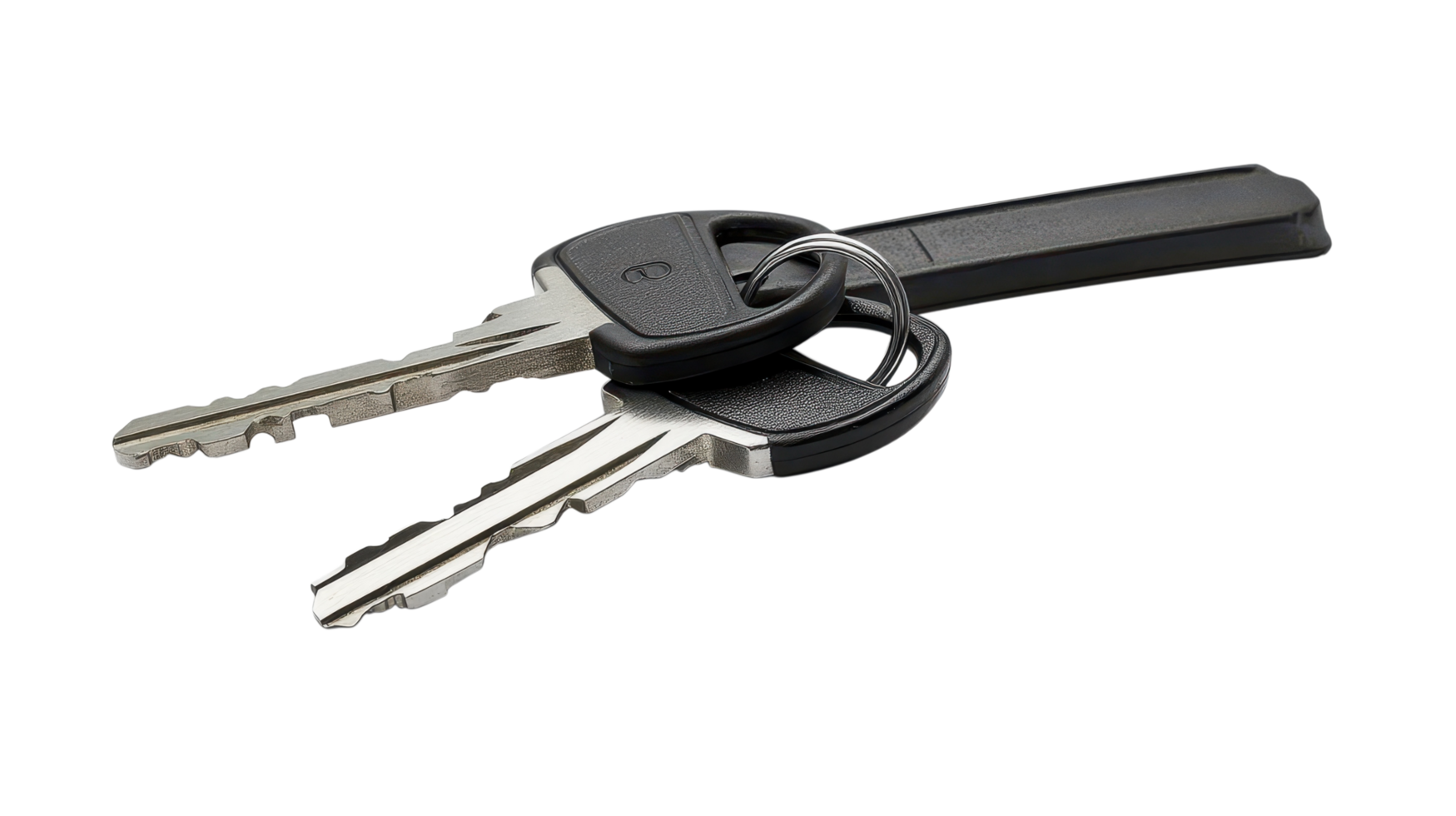 Car keys and fobs arranged neatly, displaying their unique shapes and shiny metallic finish png