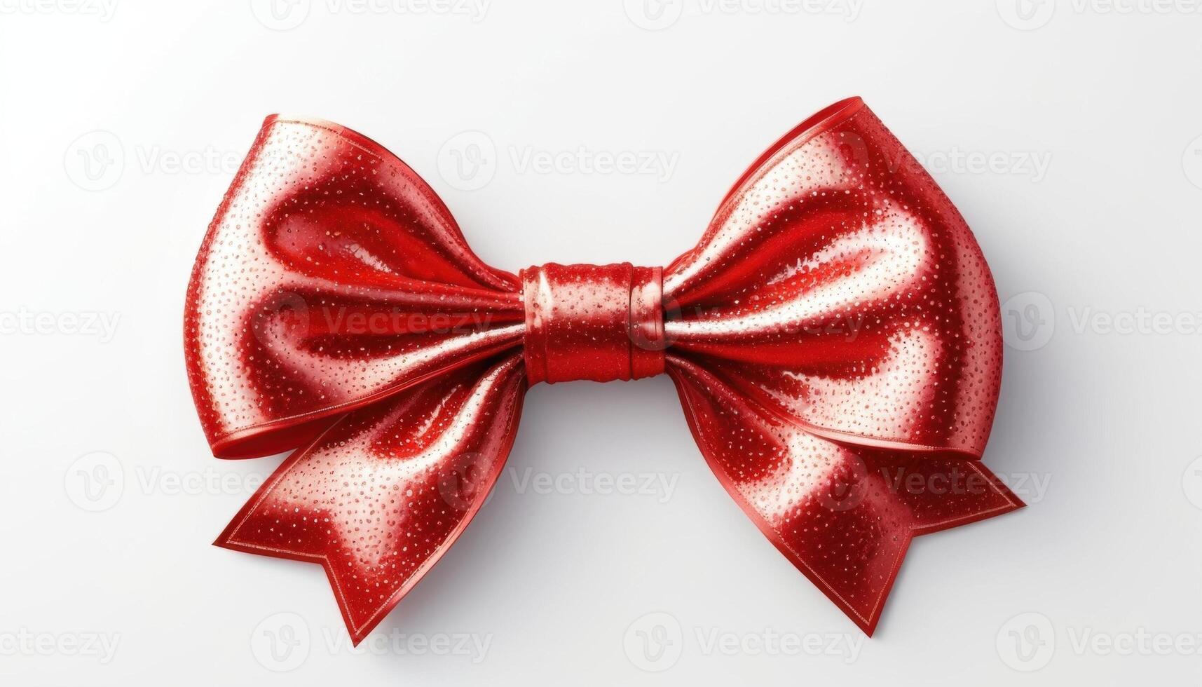 A bright red bow with a metallic sheen is located in the center on a white background. Its texture resembles drops, and the neat loops and pointed ends give it a festive and elegant feel. photo
