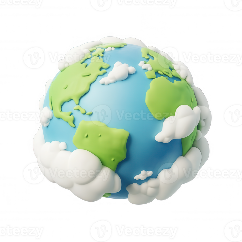 Cartoon style 3d icon earth with green continents and fluffy clouds against transparent background, emphasizing environmental themes and global unity png