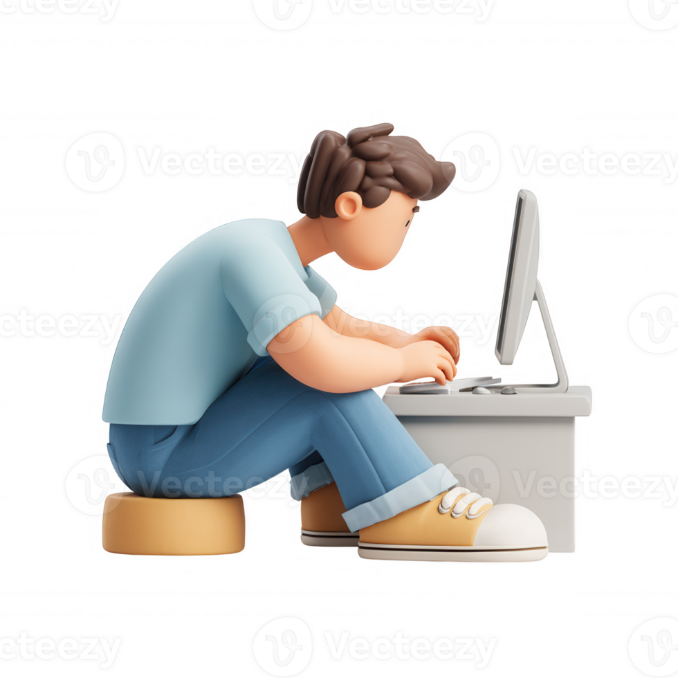 3d icon user illustration of a man concentrating while working on a desktop computer, isolated on a transparent background png