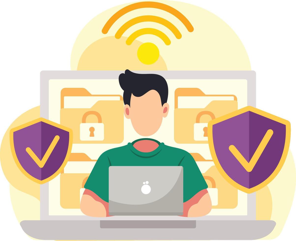 Man securing data on laptop screen vector