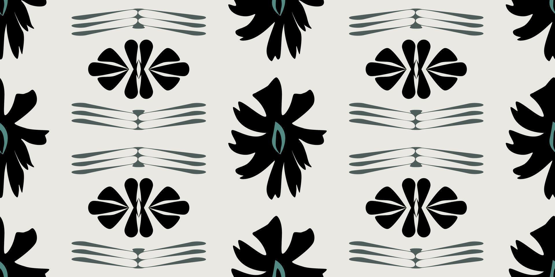 Stylized abstract symmetrical motif with boho bold floral seamless pattern. vector