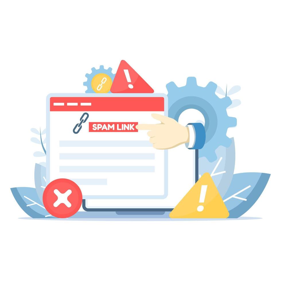 Dangerous link concept. Spam link warning with broken chain, dangerous and suspicious URL addresses. Phishing link warning. SEO dangers of spam link tactics and spam vector