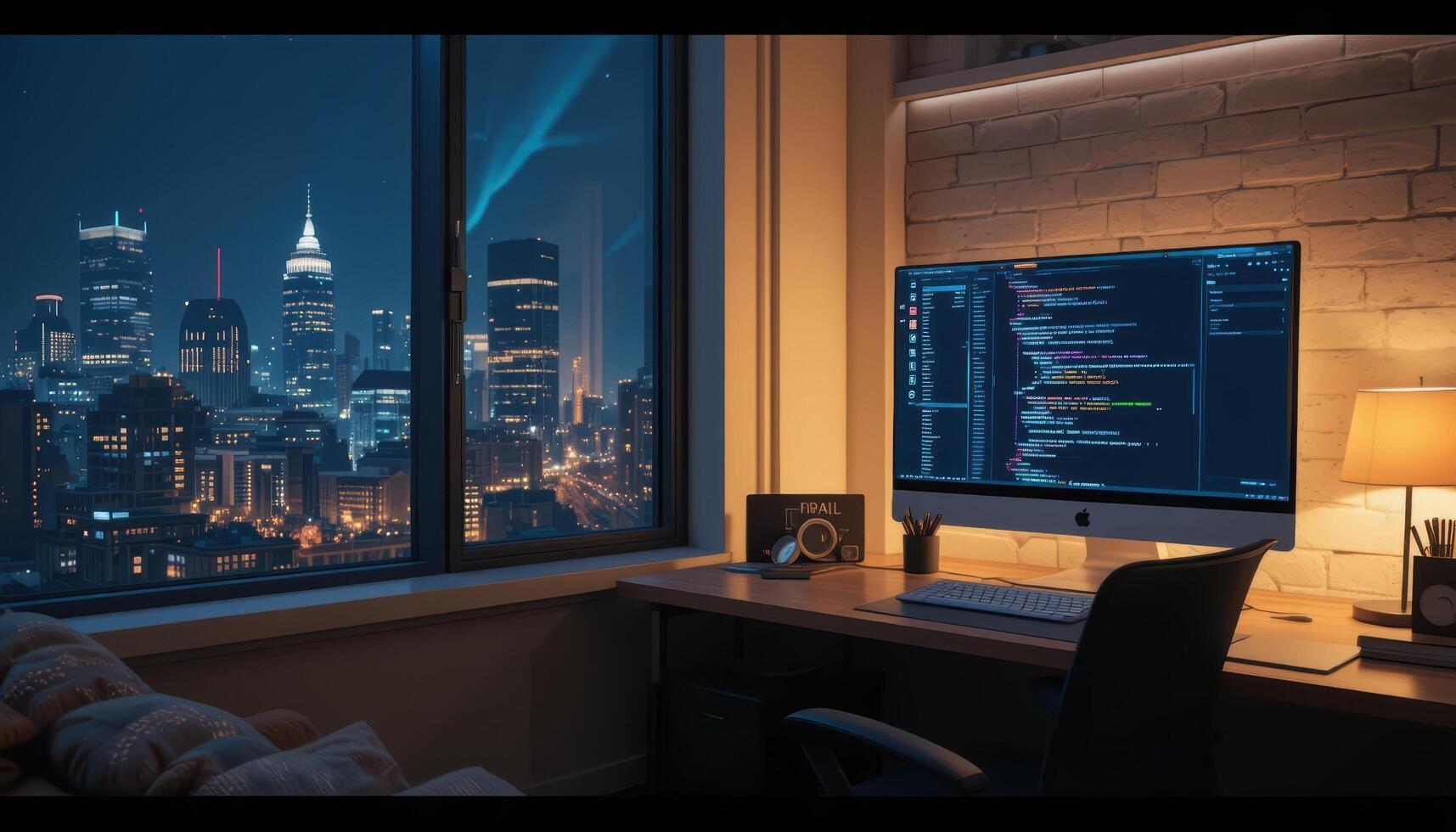 A computer monitor is sitting in front of a window with a city skyline in the background photo