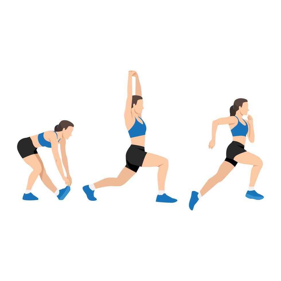Runner Warm Up Stretching Routine. Dynamic stretches and a sprint start. vector