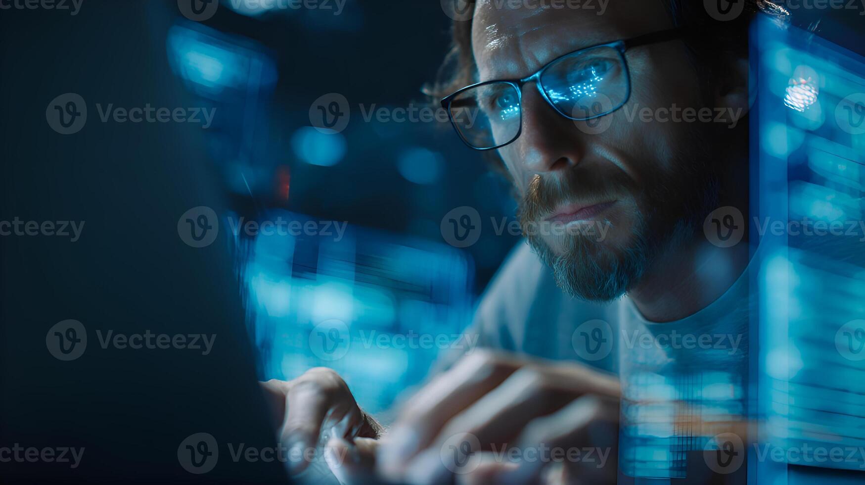 Software developer working on computer in data center at night photo