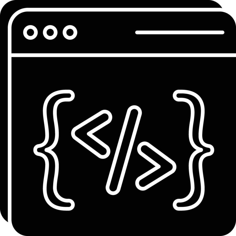 un negro y blanco icono de un computadora pantalla con un código símbolo vector