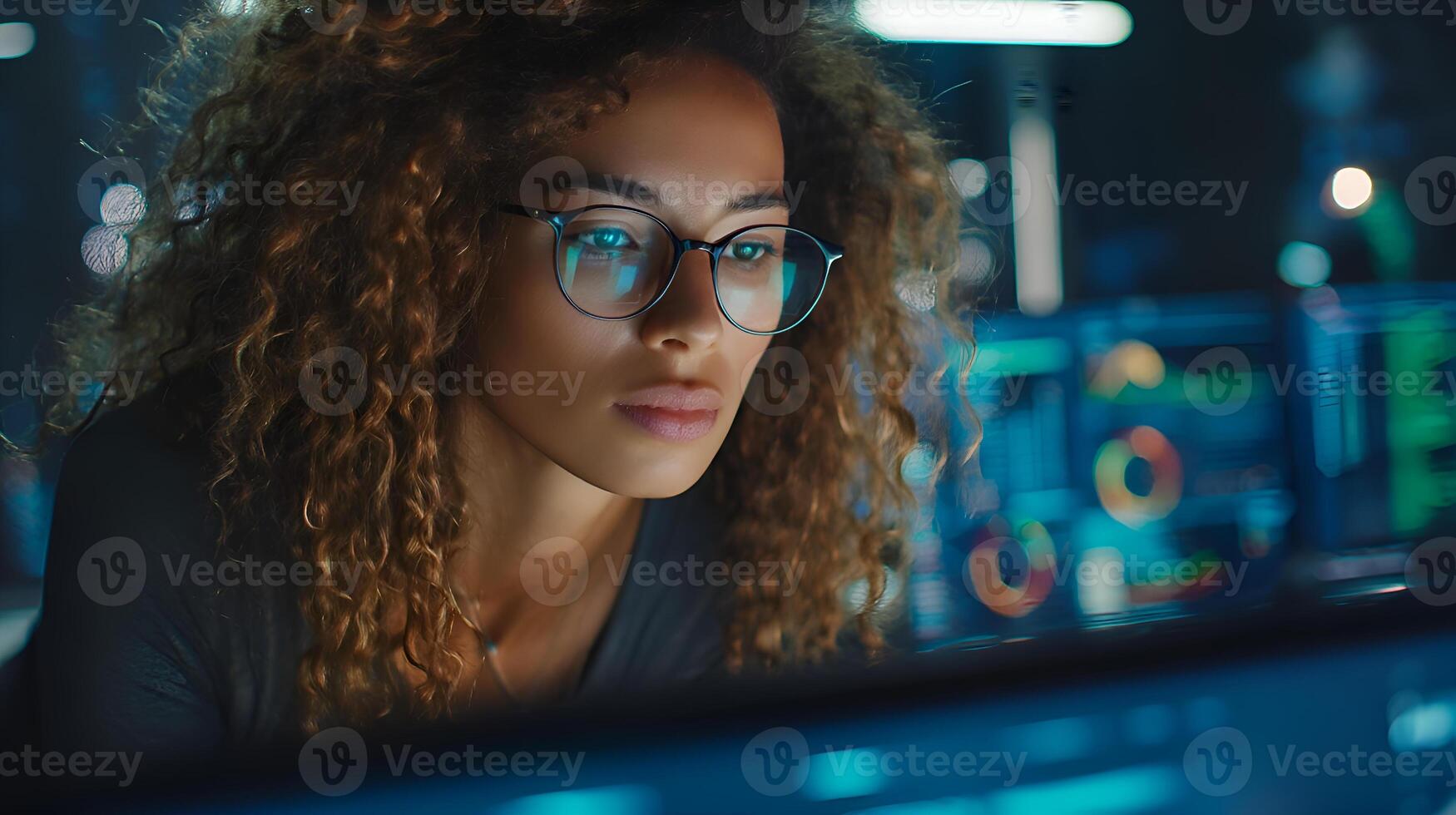 Software engineer working on computer in monitoring room with analytics feed showing on multiple displays photo