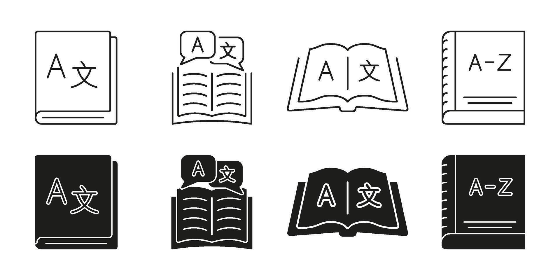 Language Learning And Translation Tools. Language Translation And Dictionary Line And Solid Icon Set. Multilingual Communication And Lexicon Symbol Collection. Isolated Illustration vector