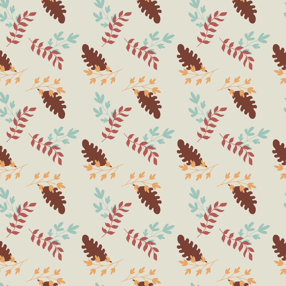 Seamless fall leaf pattern with colorful red, teal, gold, and brown leaves on a light cream background. Ideal for autumn-themed fabric, wrapping, and digital prints. vector