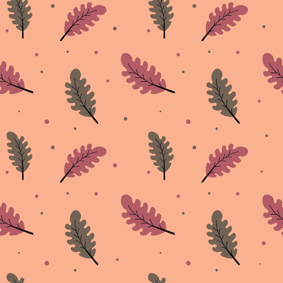Seamless pattern with stylized oak leaves in dusty pink and taupe on a soft peach background, accented with scattered dots. Ideal for fall wrapping paper, textiles, and seasonal decor. vector