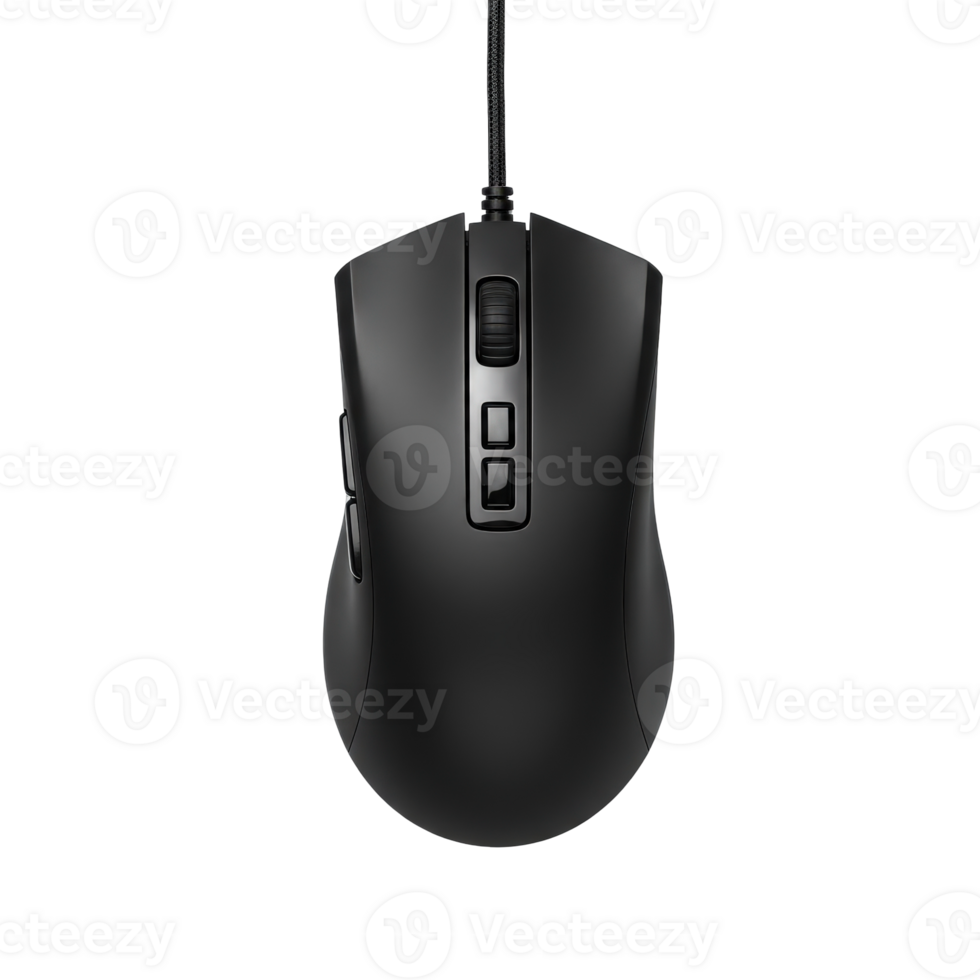 Modern black wired gaming computer mouse with multiple buttons and scroll wheel top view isolated png